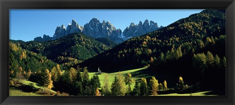 Framed Trees on a landscape, Dolomites, Funes Valley, Le Odle, Santa Maddalena, Tyrol, Italy Print