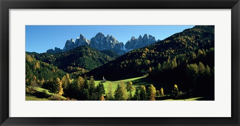 Framed Trees on a landscape, Dolomites, Funes Valley, Le Odle, Santa Maddalena, Tyrol, Italy Print