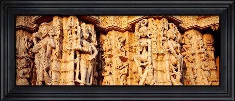 Framed Sculptures carved on a wall of a temple, Jain Temple, Ranakpur, Rajasthan, India Print