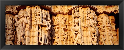 Framed Sculptures carved on a wall of a temple, Jain Temple, Ranakpur, Rajasthan, India Print