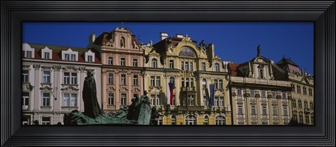 Framed Statue in front of buildings, Jan Hus Monument, Prague Old Town Square, Old Town, Prague, Czech Republic Print