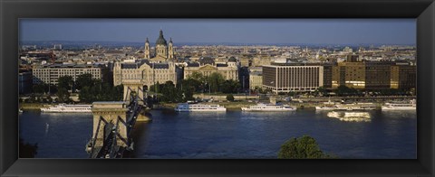 Framed Buildings at the waterfront, Chain Bridge, Danube River, Budapest, Hungary Print