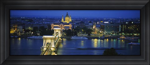 Framed High angle view of a suspension bridge lit up at dusk, Chain Bridge, Danube River, Budapest, Hungary Print