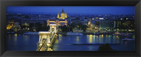 Framed High angle view of a suspension bridge lit up at dusk, Chain Bridge, Danube River, Budapest, Hungary Print