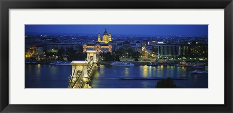 Framed High angle view of a suspension bridge lit up at dusk, Chain Bridge, Danube River, Budapest, Hungary Print