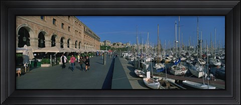 Framed Pedestrian walkway along a harbor, Barcelona, Catalonia, Spain Print