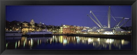 Framed Reflection of buildings in water, The Bigo, Porto Antico, Genoa, Italy Print