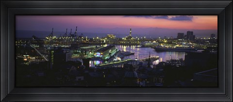 Framed High angle view of city at a port lit up at dusk, Genoa, Liguria, Italy Print