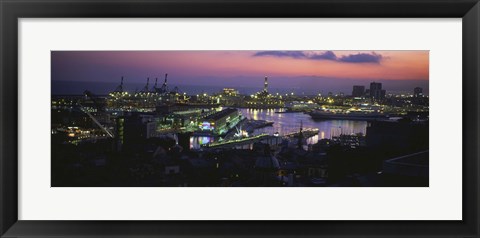 Framed High angle view of city at a port lit up at dusk, Genoa, Liguria, Italy Print