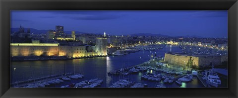 Framed Old Port at dusk, Marseille, Bouches-Du-Rhone, Provence-Alpes-Cote Daze, France Print