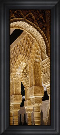 Framed Low angle view of carving on arches and columns of a palace, Court Of Lions, Alhambra, Granada, Andalusia, Spain Print