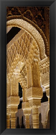 Framed Low angle view of carving on arches and columns of a palace, Court Of Lions, Alhambra, Granada, Andalusia, Spain Print