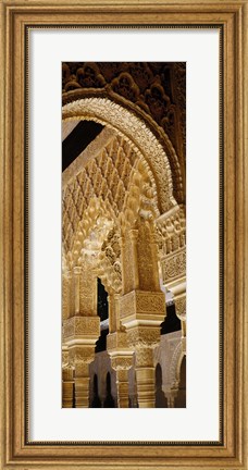 Framed Low angle view of carving on arches and columns of a palace, Court Of Lions, Alhambra, Granada, Andalusia, Spain Print
