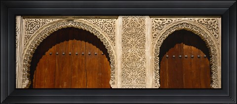 Framed Low angle view of carving on arches of a palace, Court Of Lions, Alhambra, Granada, Andalusia, Spain Print
