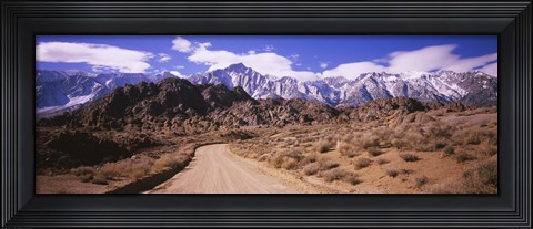 Framed Dirt road passing through an arid landscape, Lone Pine, Californian Sierra Nevada, California, USA Print