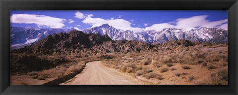 Framed Dirt road passing through an arid landscape, Lone Pine, Californian Sierra Nevada, California, USA Print