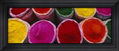 Framed High angle view of various powder paints, Braj, Mathura, Uttar Pradesh, India Print