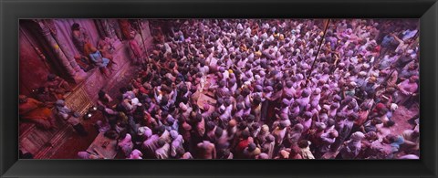 Framed High angle view of people celebrating holi, Braj, Mathura, Uttar Pradesh, India Print