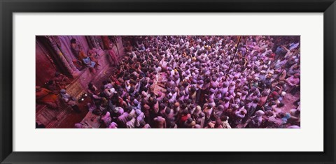 Framed High angle view of people celebrating holi, Braj, Mathura, Uttar Pradesh, India Print