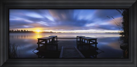 Framed Panoramic view of a pier at dusk, Vuoksi River, Imatra, Finland Print
