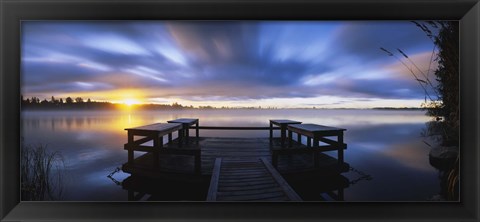 Framed Panoramic view of a pier at dusk, Vuoksi River, Imatra, Finland Print