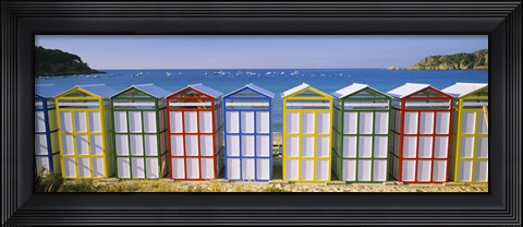 Framed Beach huts in a row on the beach, Catalonia, Spain Print