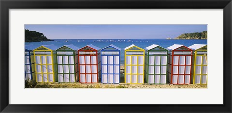 Framed Beach huts in a row on the beach, Catalonia, Spain Print