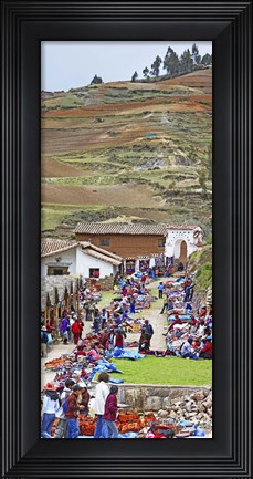 Framed Group of people in a market, Chinchero Market, Andes Mountains, Urubamba Valley, Cuzco, Peru Print