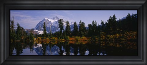 Framed Reflection of trees and mountains in a lake, Mount Shuksan, North Cascades National Park, Washington State Print