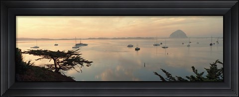 Framed Boats in a bay with Morro Rock in the distance, Morro Bay, San Luis Obispo, California, USA Print