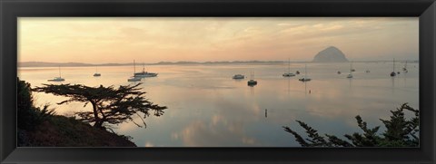 Framed Boats in a bay with Morro Rock in the distance, Morro Bay, San Luis Obispo, California, USA Print