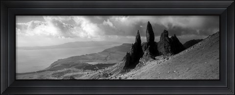 Framed Rock formations on hill in black and white, Isle of Skye, Scotland Print