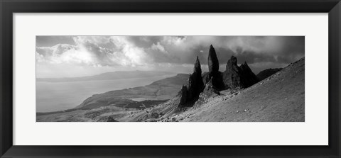 Framed Rock formations on hill in black and white, Isle of Skye, Scotland Print
