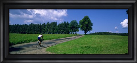 Framed Rear view of a person riding a bicycle on the road, Black Forest, Germany Print