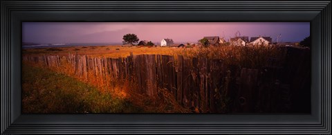 Framed Wooden fence in a field with houses in the background, Mendocino, California, USA Print