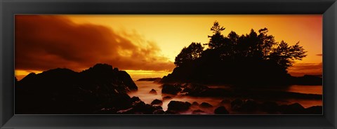 Framed Silhouette of rocks and trees at sunset, Tofino, Vancouver Island, British Columbia, Canada Print