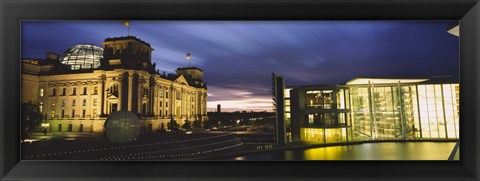 Framed Buildings lit up at night, The Reichstag, Spree River, Berlin, Germany Print