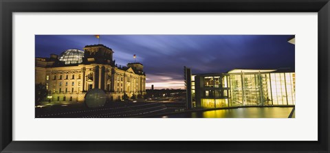 Framed Buildings lit up at night, The Reichstag, Spree River, Berlin, Germany Print