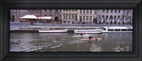 Framed High angle view of two people kayaking in the river, Leie River, Graslei, Ghent, Belgium Print