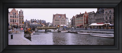 Framed Tour boats docked at a harbor, Leie River, Graslei, Ghent, Belgium Print