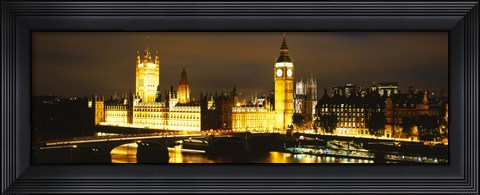 Framed Buildings lit up at night, Westminster Bridge, Big Ben, Houses Of Parliament, Westminster, London, England Print
