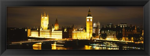 Framed Buildings lit up at night, Westminster Bridge, Big Ben, Houses Of Parliament, Westminster, London, England Print