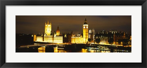 Framed Buildings lit up at night, Westminster Bridge, Big Ben, Houses Of Parliament, Westminster, London, England Print