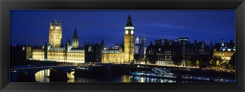 Framed Buildings lit up at dusk, Westminster Bridge, Big Ben, Houses Of Parliament, Westminster, London, England Print
