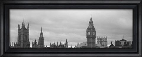 Framed Buildings in a city, Big Ben, Houses Of Parliament, Westminster, London, England (black and white) Print