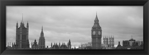 Framed Buildings in a city, Big Ben, Houses Of Parliament, Westminster, London, England (black and white) Print