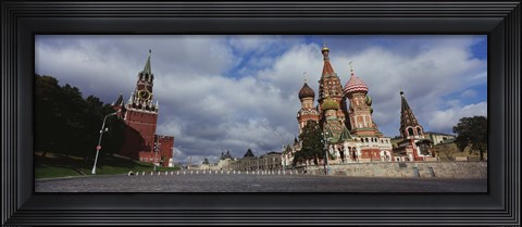 Framed Low angle view of a cathedral, St. Basil's Cathedral, Spasskaya Tower, Kremlin, Moscow, Russia Print