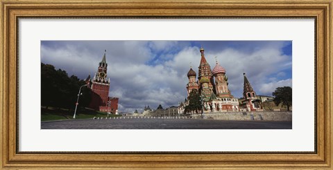 Framed Low angle view of a cathedral, St. Basil&#39;s Cathedral, Spasskaya Tower, Kremlin, Moscow, Russia Print