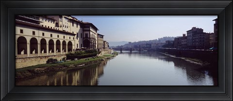 Framed Buildings along a river, Uffizi Museum, Ponte Vecchio, Arno River, Florence, Tuscany, Italy Print