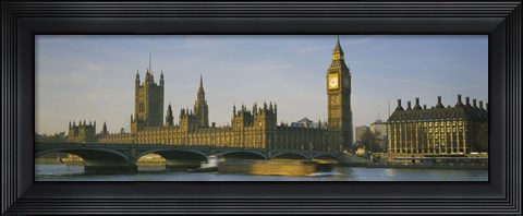 Framed Barge in a river, Thames River, Big Ben, City Of Westminster, London, England Print